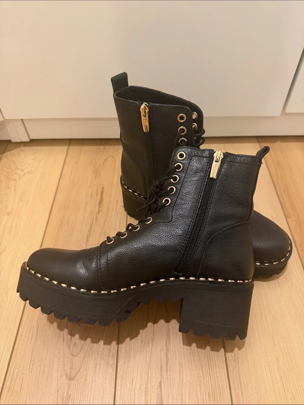 Vince Camuto Black Leather Platform Lace-Up Combat Boots with Gold Eyelets